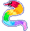 pixel art of a brightly-colored rainbow worm on a string looking silly.