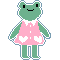 pixel art of a bipedal frog in a pink dress. the frog is smiling