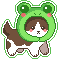 pixel art of a cat in a froggy head costume