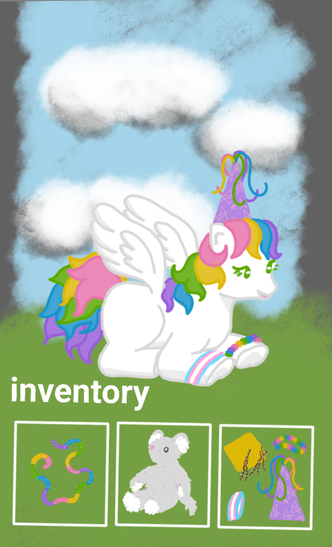 a digital drawing of a white pegasus pony with a princess hat. the pony has a rainbow mane and tail, and many easily removable accessories, like a rainbow bracelet and the purple conical princess hat. the drawing includes an inventory with a rainbow tangle toy, a stuffed plush mouse, and snacks.