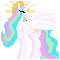 pixel art of the pony celestia from My Little Pony Friendship is Magic. She has wings, a long horn, and long teal/green/pink/purple hair. there is a halo behind her, in yellow.