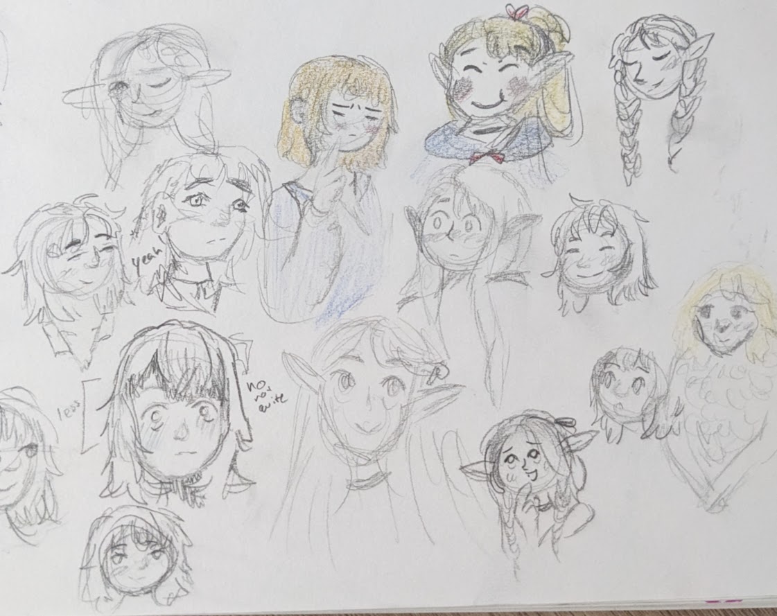 a sketch page of marcille and falin from dungeon meshi. most drawings are just their heads, and there is only a dash of blue and yellow coloring.