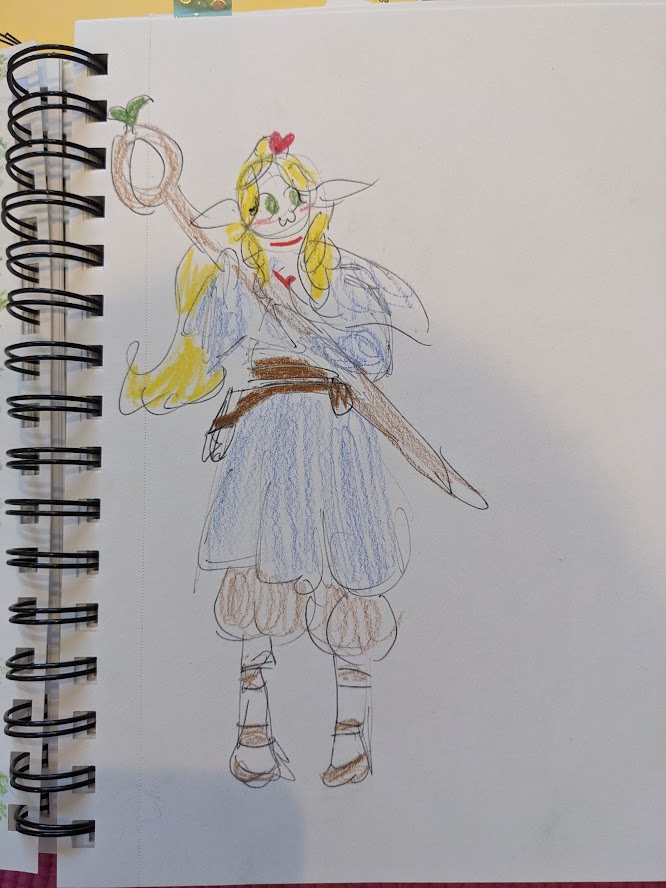 a sketchy drawing of marcille from dungeon meshi, brightly colored in blue, yellow, and red. she is holding her staff and making a kitty face.