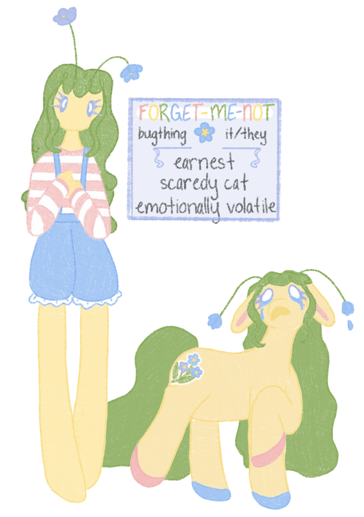 digital drawing of a character named forget me not, depicted as a pony and a bipedal humanoid. its body is yellow, its hair is blue, and it has antennae made of flowers.