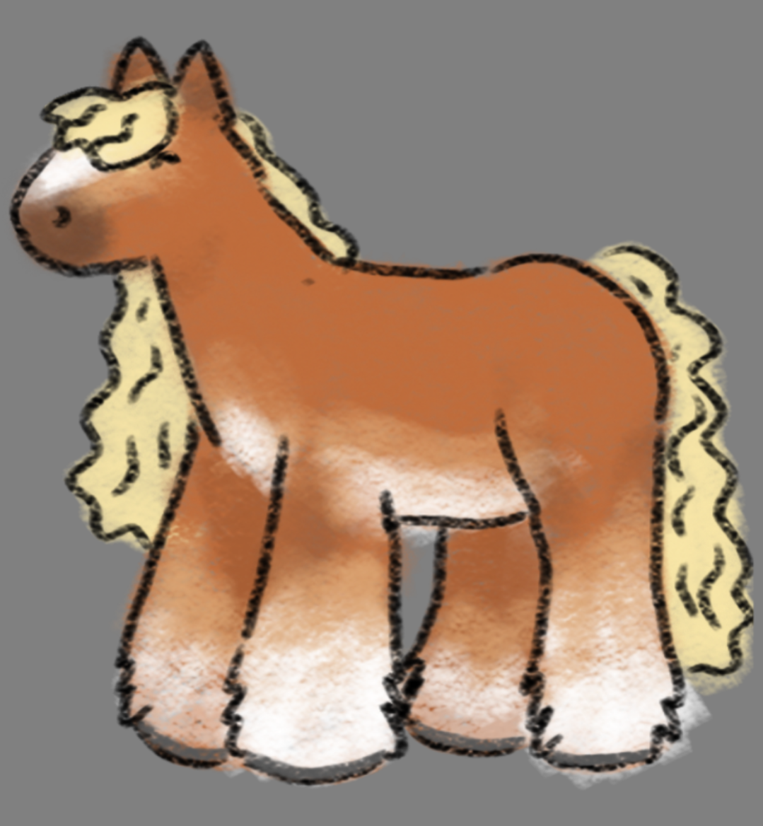 a digital drawing of a horse named fruitfly. fruitfly is a flaxen chestnut pangare clydesdale, with feathering and stockings as well as a blaze and brown tipped face.