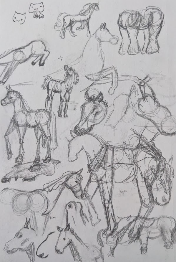 a sketchbook page of many horse studies. the pencil drawings are ust black and white, and focus on the parts of the horse, with exaggerated shapes.