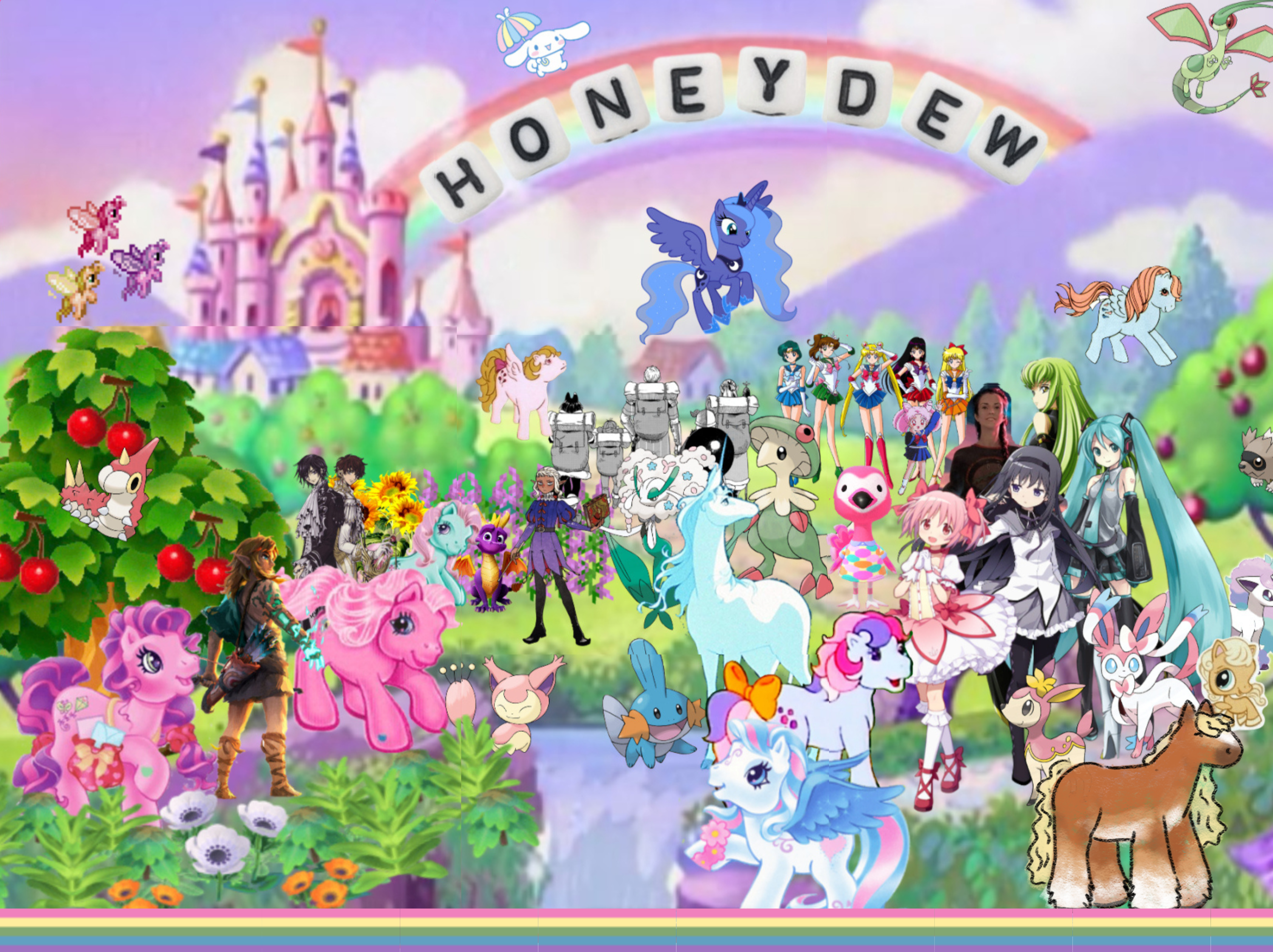 digital collage of interests, including ponies, pokemon, dungeon meshi, and various other characters.