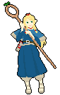 pixel art of marcille from dungeon meshi. she stands with her staff, and looks a bit bashful. she is wearing deep blue clothing and adventuring gear, and has her long blonde hair down.