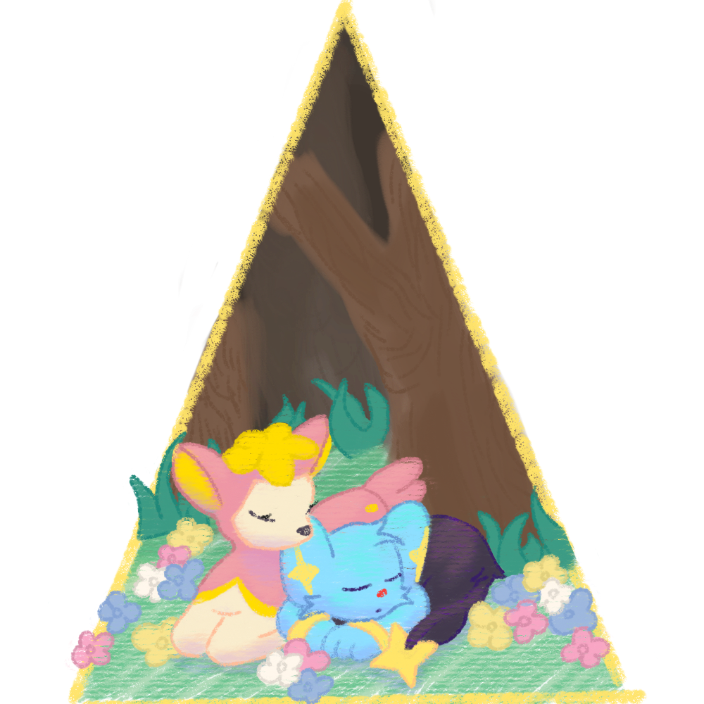 digital painting of a deerling and shinx cuddling in a forest