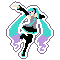 pixel art of hatsune miku. she has blue-green hair with purple tips, and is experiencing joy