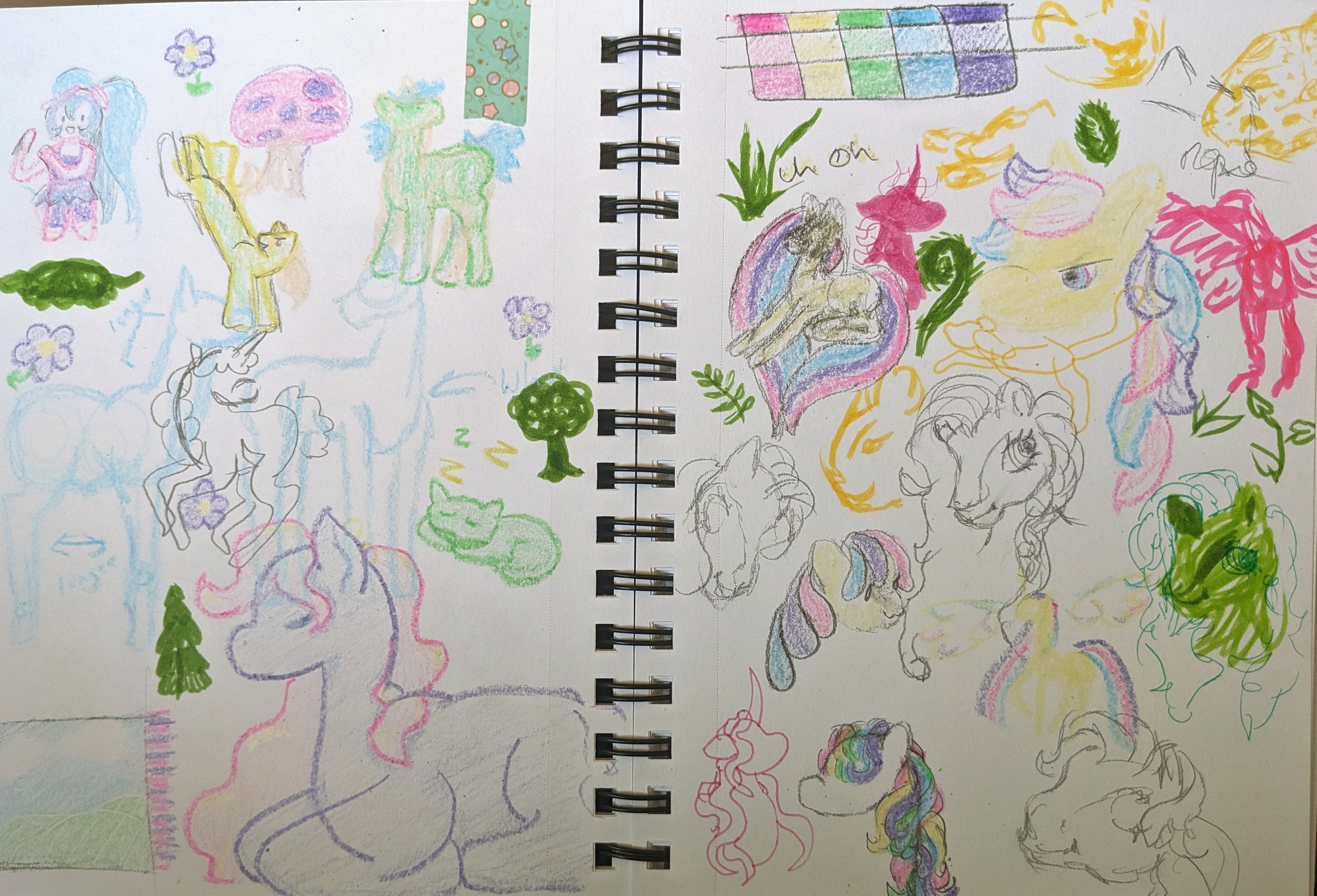 a sketchbook page composed mostly of ponies and plants. yellow, green, and purple feature heavily throughout, and many of the ponies are from G3 of my little pony.