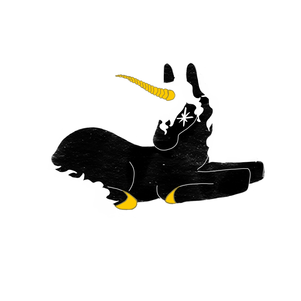 a digital drawing of a unicorn curled into itself laying down. the unicorn's coat is pitch black, with a white mane and tail and a gold horn and hooves. the unicorn's eyes are stars.