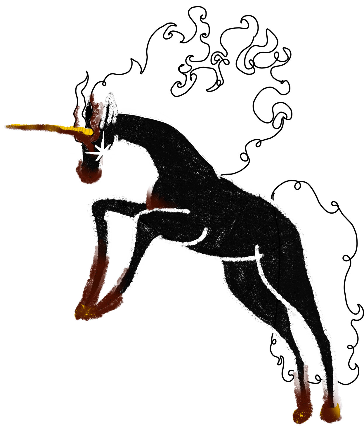 digital drawing of a unicorn rearing up, hooves and mouth bloodied. the unicorn's coat is pitch black, with a white mane and tail and a gold horn and hooves. the unicorn's eyes are stars.