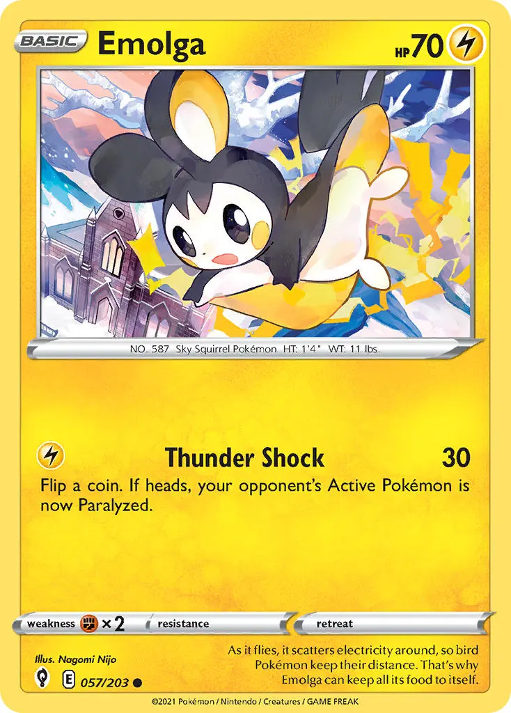 emolga, a black, yellow, and white squirrel pokemon, glides above a city.