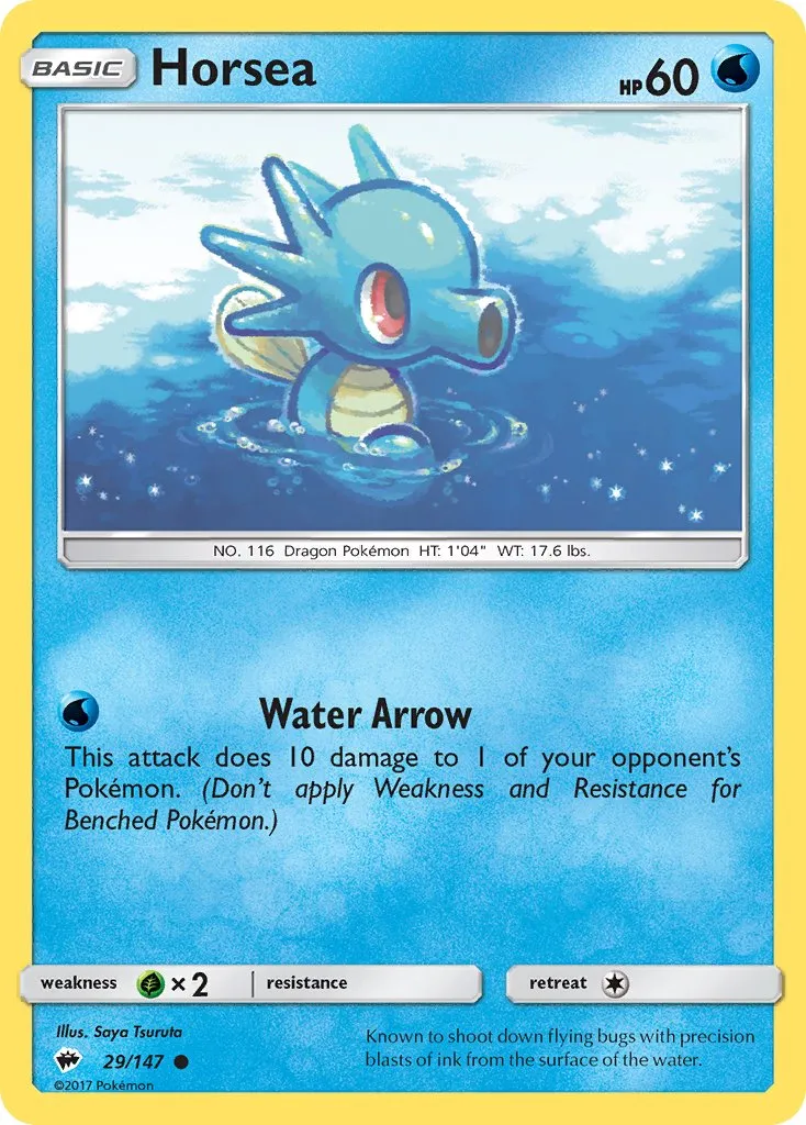 horsea, a small blue seahorse, floats at the top of a pool of water with wide, sweet eyes.