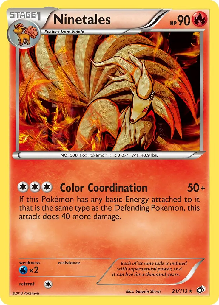 ninetales, a tan fox pokemon, holds itself imposingly behind flames.