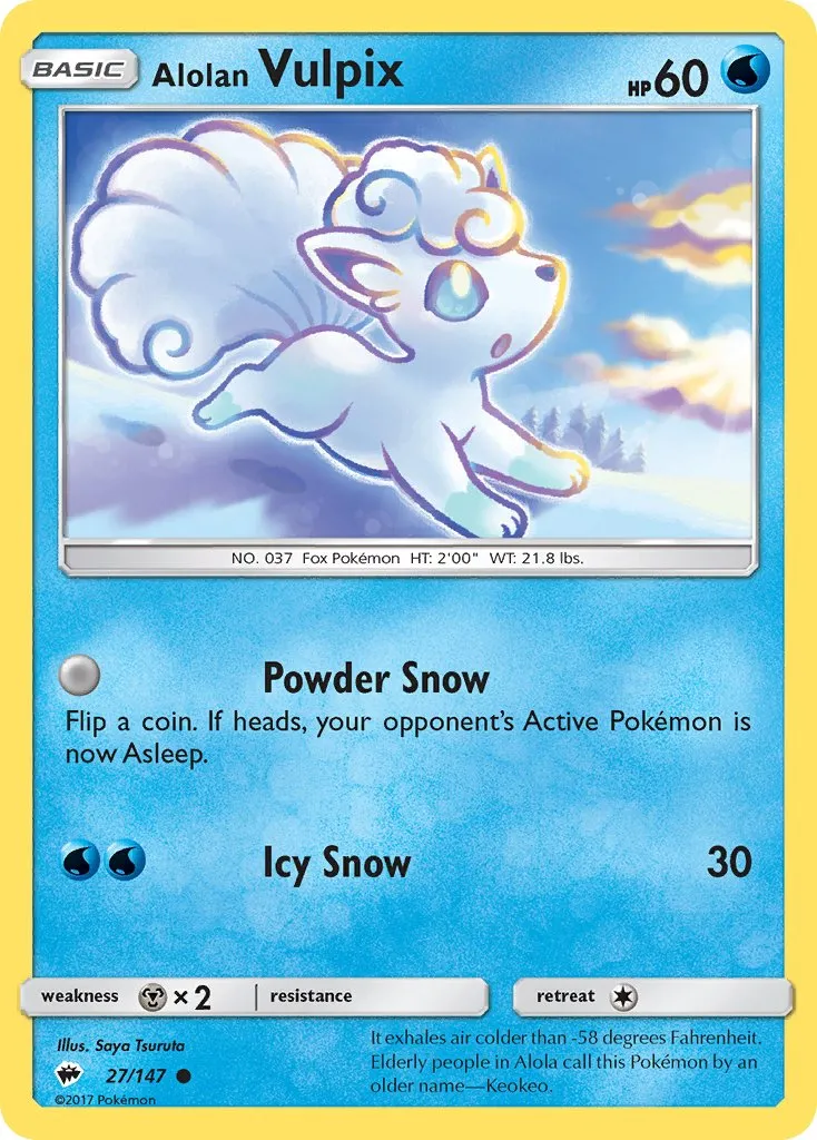 alolan vulpix, a white ice fox pokemon, jumps gleefully.