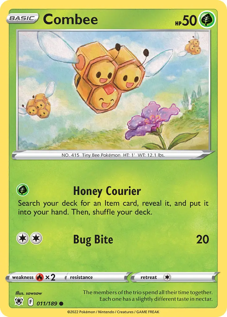 combee, a yellow bee pokemon with three faces, smells and smiles at flowers.