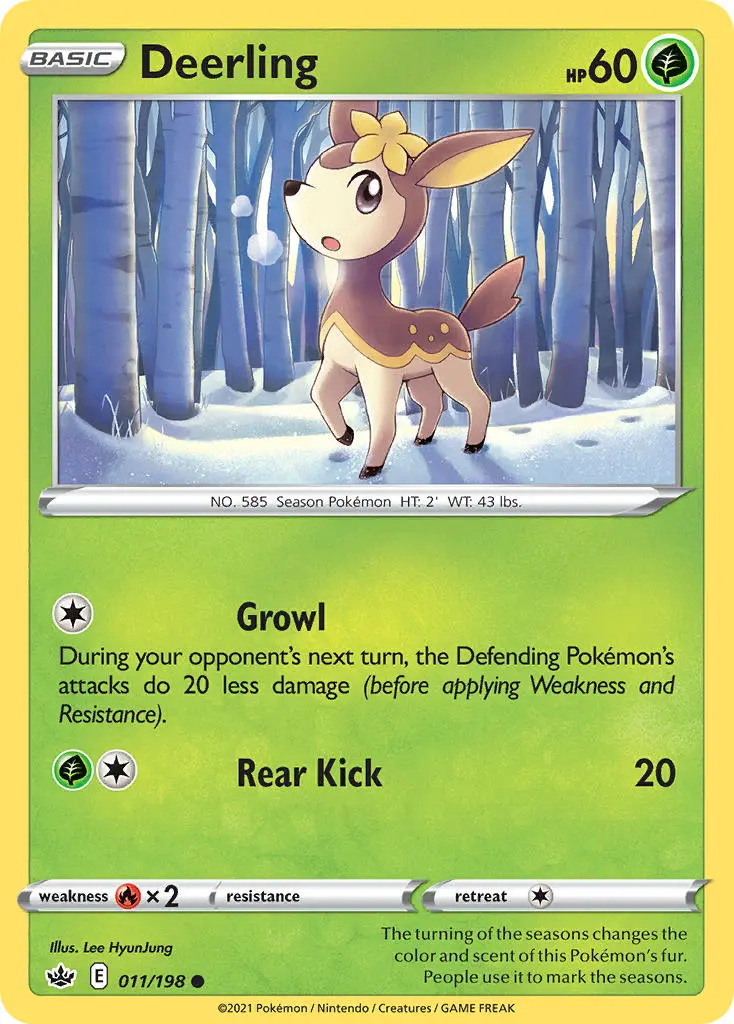 winter deerling, a purpleish-brown deer, stands in a snow-covered grove of trees.