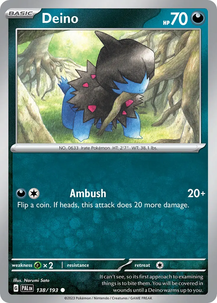 deino, a blue and black dinosaur pokemon, gnaws on a branch,