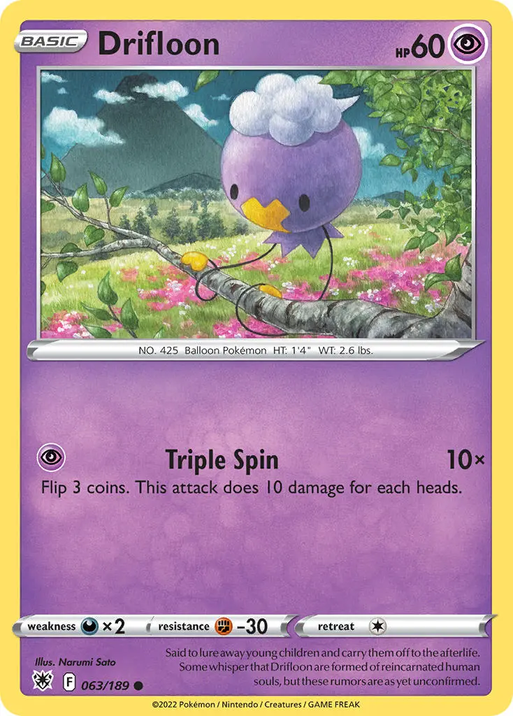 drifloon, a purple ghost pokemon, anchors itself on a branch above a field.
