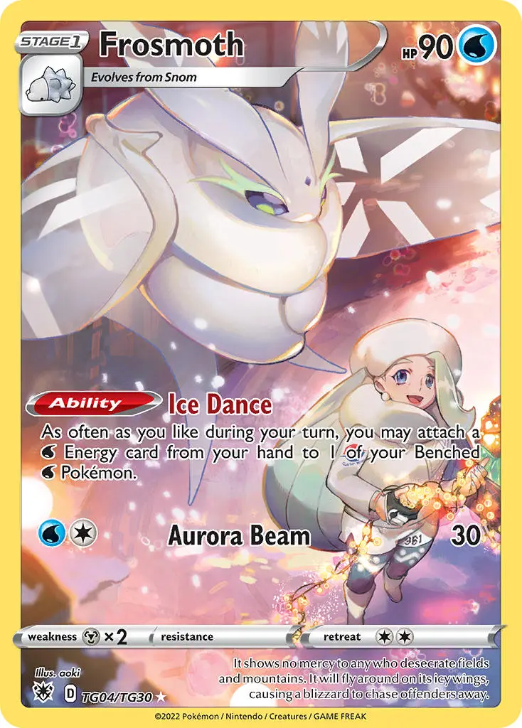full card art of frosmoth, a giant white moth pokemon, flying near a trainer dressed in white winter gear.