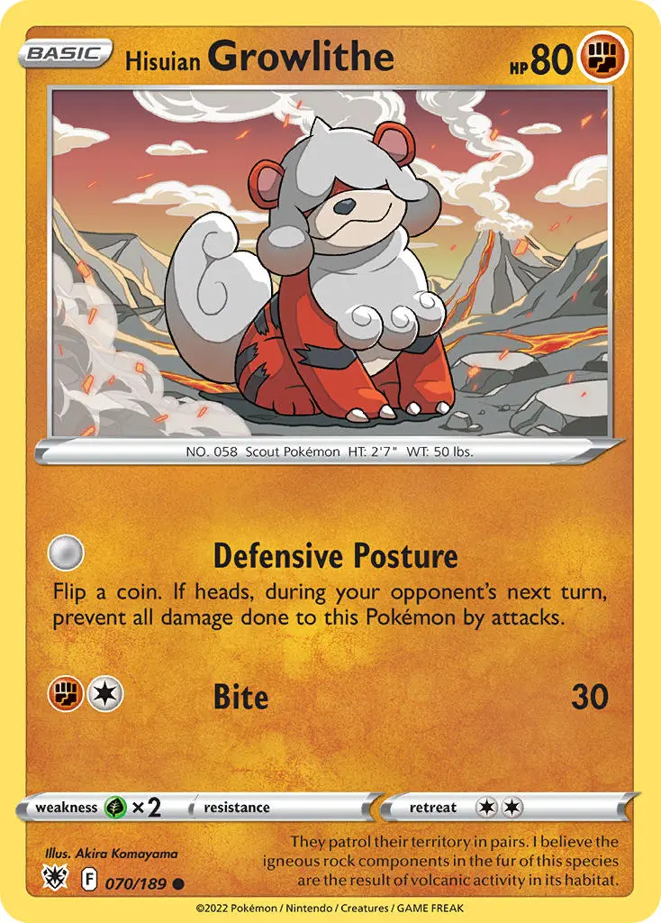 hisuian growlithe, a tiger-like dog with rounded edges, sits cutely and happily.