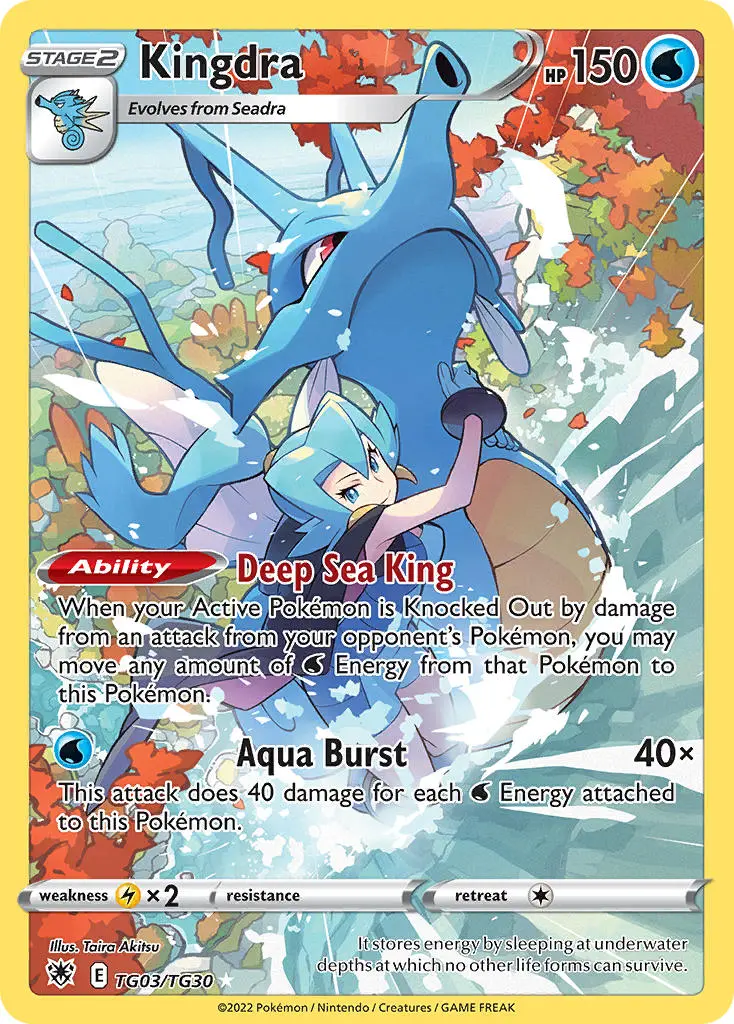 full card art of kingdra, a majestic seahorse-like pokemon, and a trainer with blue hair splashing through the surf.