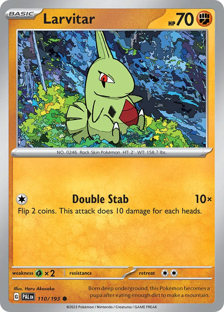 larvitar, a clownlike toddler-shaped thing, sits moodily on a rock.