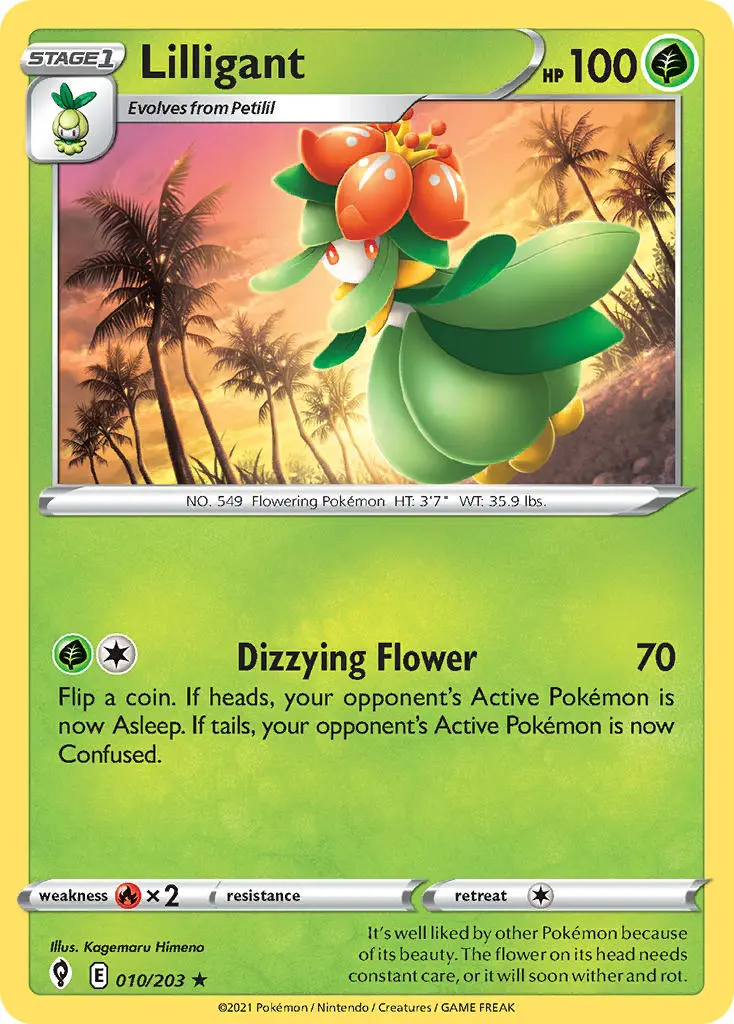 lilligant, a plant-based humanoid with dress-shaped leafage, dances in the sunset.