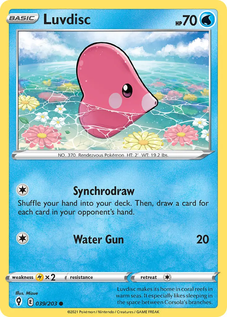luvdisc, a pink heart-shaped fish, floats in the bright shallows of a sea.