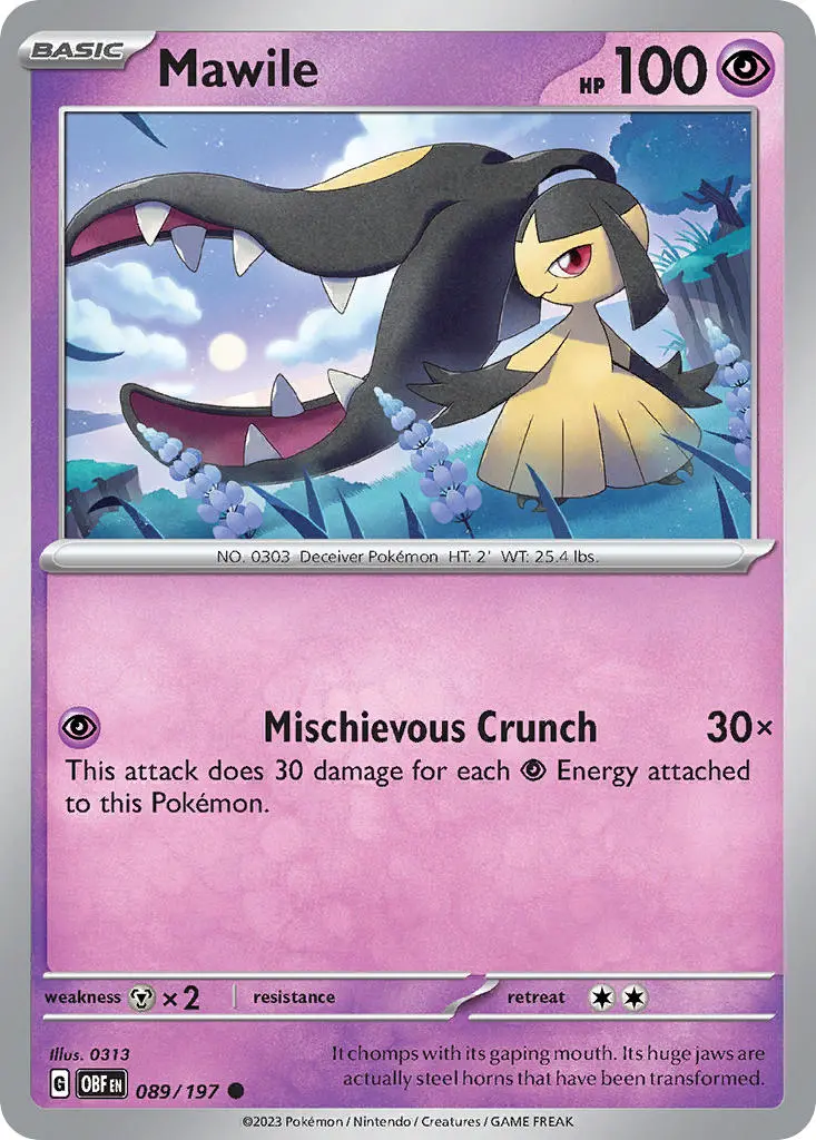 mawile, a yellow humanoid with a giant mouth creature atop its head, poses in a field.