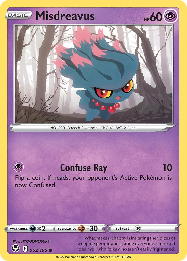 misdreavus, a blue and purple ghost pokemon, flies through a grove of leafeless trees.