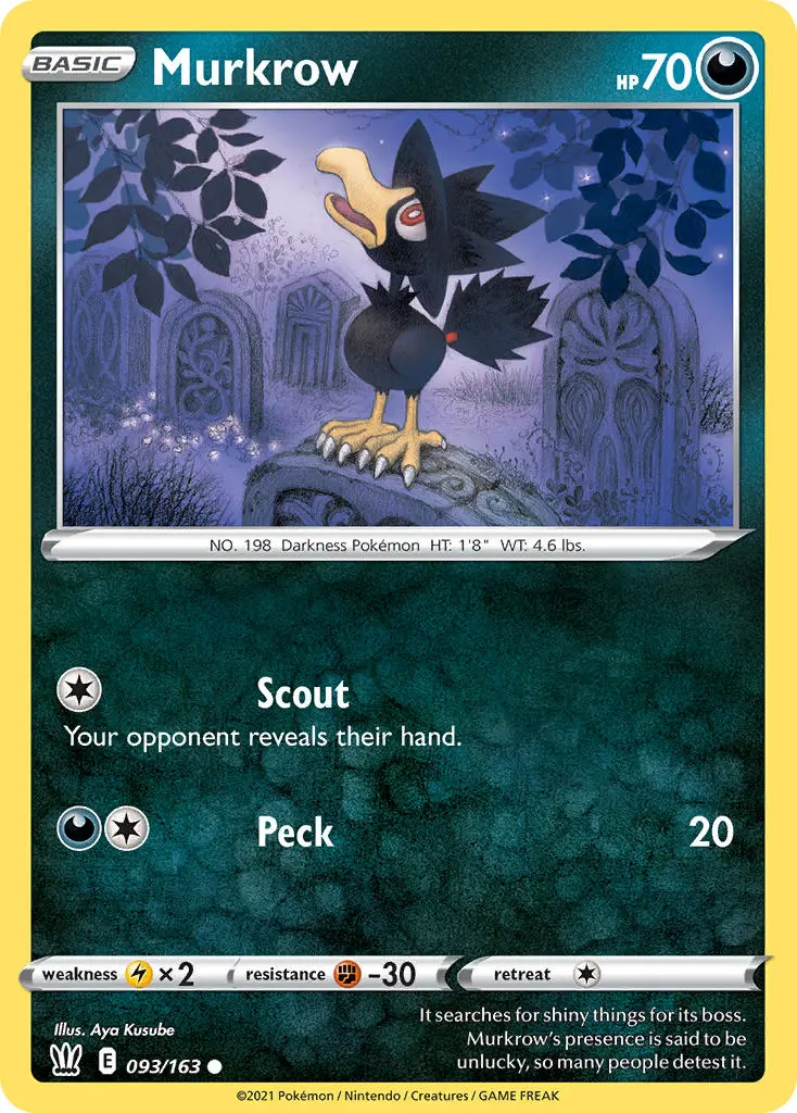 murkrow, a black bird, looks up wondrously at the lilac surrounds.