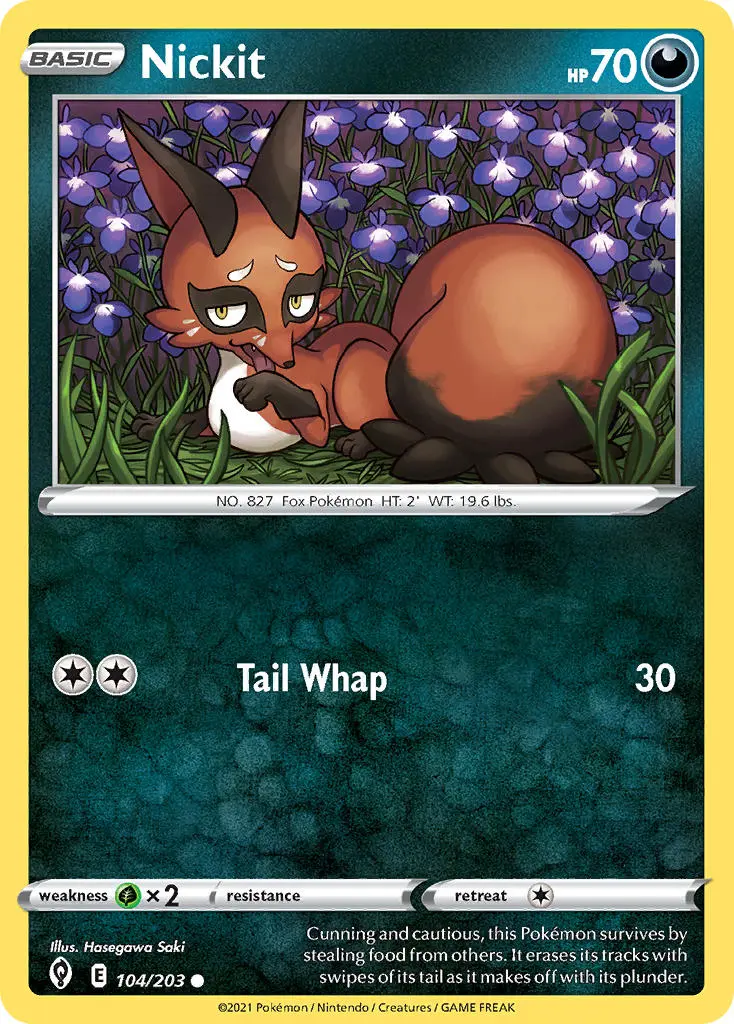 nickit, a red and brown fox pokemon, lays in front of a bush with flowers.