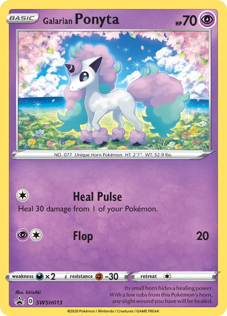 galarian ponyta, a white unicorn with pink and teal mane and tail, stands in a flower field