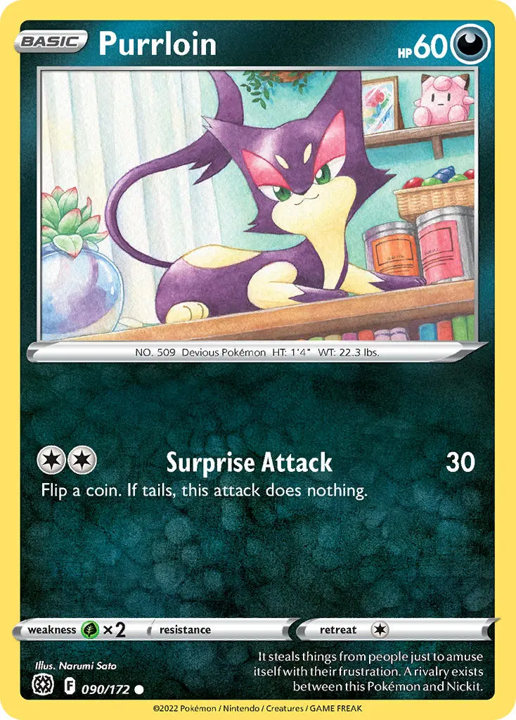 purrloin, a purple cat pokemon, smugly sits atop a shelf.