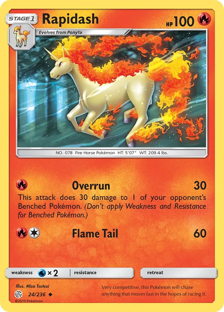 rapidash, a beige unicorn with fire for a mane and tail, runs through a dark forest.