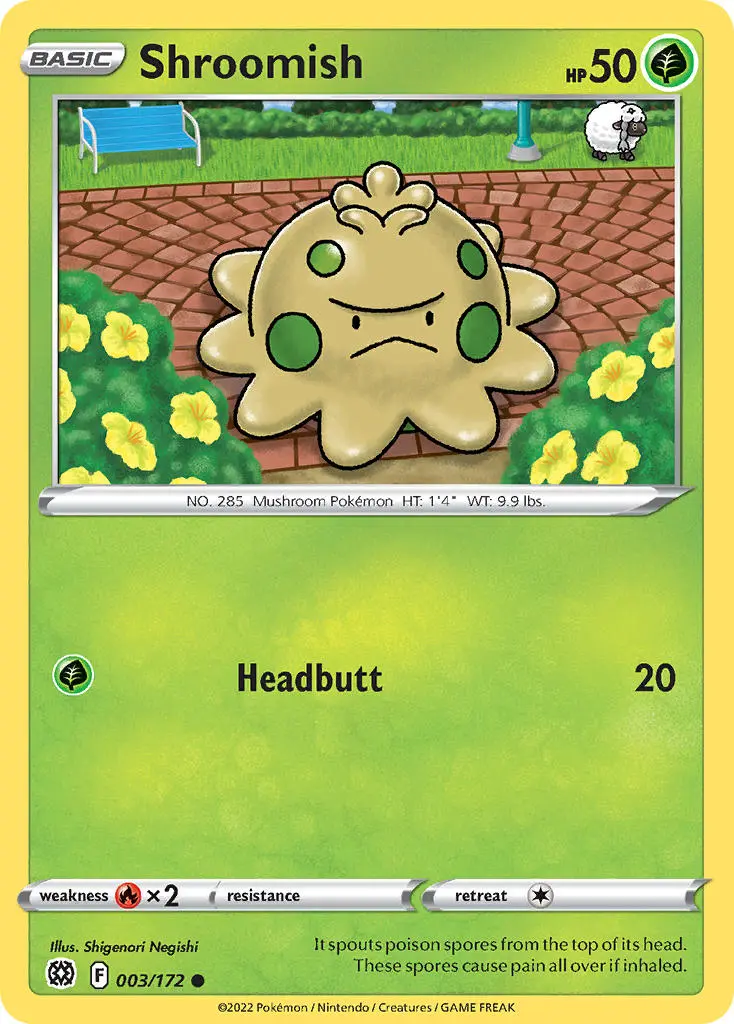 shroomish, a tan and green mushroom pokemon, sits on a sidewalk amidst flowerbeds.