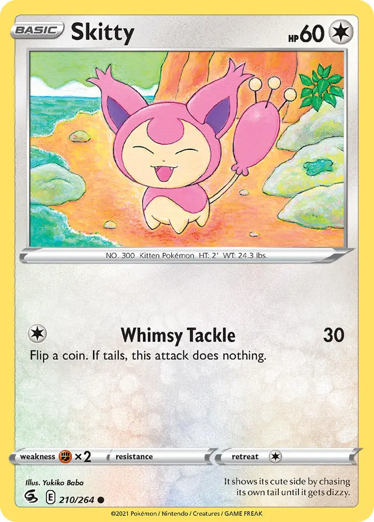 skitty, a pink and beige kitty pokemon, stands on a beach happily.
