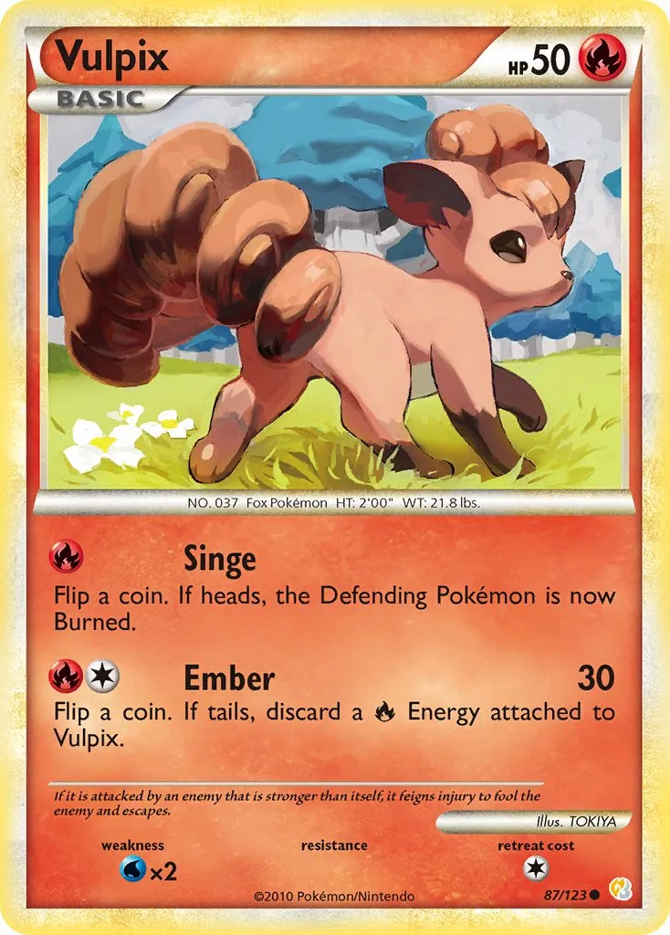 vulpix, a red fox pokemon, looks demurely over her shoulder while walking across a field.