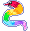 pixel art of a brightly-colored rainbow worm on a string.